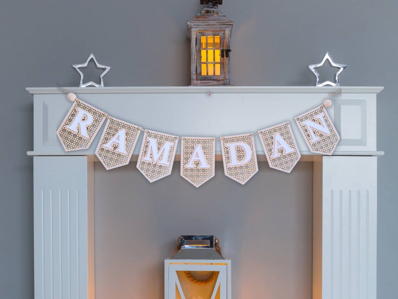 Ramadan Banner in Rattan Wood layered with Acrylic, Ramadan Decoration Sign in Baltic Birch, Boho Ramadan Decor, natural wood and acrylic image 7