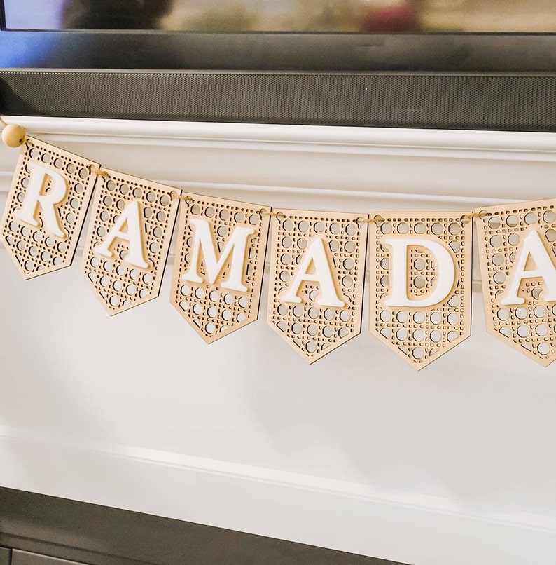 Ramadan Banner in Rattan Wood layered with Acrylic, Ramadan Decoration Sign in Baltic Birch, Boho Ramadan Decor, natural wood and acrylic image 2