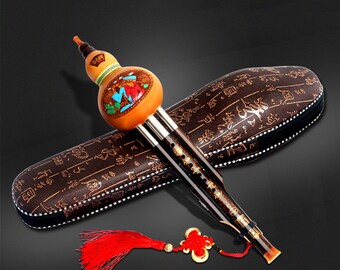 Purple Bamboo Gourd Silk, Oriental Music Sanctuary Lmitation Mahogany Hulusi, Chinese Curcubit Gourd Flute With Box (Key of B, Key of C)