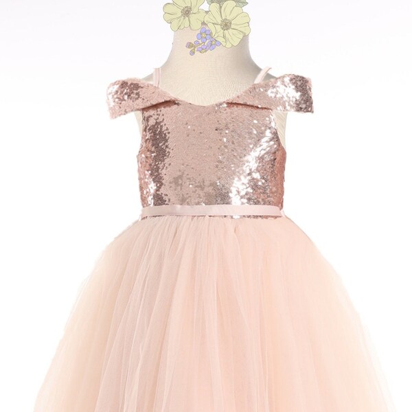 Robe à paillettes à épaules, robe de fille de fleur de mariage, robe Tutu en tulle robes de princesse, robe d’anniversaire, robe d’occasion spéciale pour tout-petit