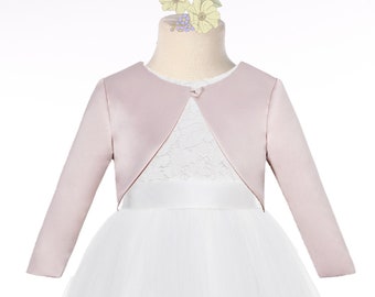 Girls White Satin Organza Short Sleeve First Communion Flower Girl Borelo Shrug Jacket Size 2-16