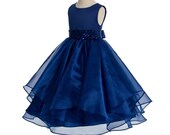 Navy Blue Organza Flower Girl Dress With Sequin Sash Ruffle Skirt