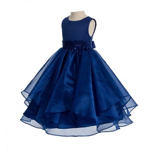 Navy Blue Organza Flower Girl Dress with Sequin Sash, Ruffle Skirt Dress, Wedding Dress, Junior Bridesmaid Dress, Graduation Dress, Dresses