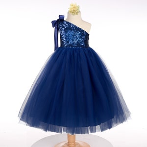 One Shoulder Blue flower Top Tulle Flower Girl Dresses, Lovely Tutu Dresses,  FG036