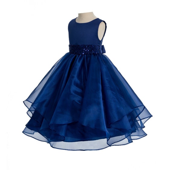 Navy Blue Organza Flower Girl Dress With Sequin Sash Ruffle - Etsy