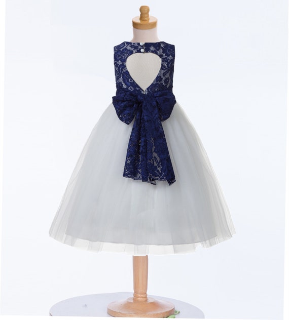 Heart Cutout Navy Blue Flower Girl Dress, Ivory Tulle Dress, Flower Girl Lace Dress, Junior Bridesmaid Dress, Wedding Toddler Pageant Dress Heart Cutout Navy Blue Flower Girl Dress, Ivory Tulle Dress, Flower Girl Lace Dress, Junior Bridesmaid Dress, Wedding Toddler Pageant Dress