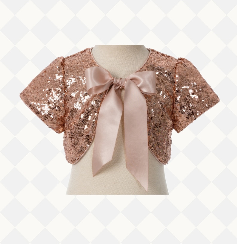 Rose Gold Girls bolero Girls Shrug Rose Gold Sequins Jacket with Ribbon Flower Girl Cape Black Sequin Cape Rose Gold Cape Girls Wrap