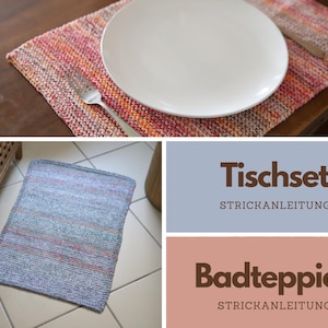 Może przedstawiać: Zestaw dwóch dzianych podkładek pod talerze w wielokolorowym wzorze. Podkładki wykonane są z miękkiej, fakturowanej przędzy. Obraz zawiera również dzianą matę łazienkową w szaro-niebieskiej kolorystyce. Na zdjęciu widoczny jest tekst "Tischset Strickanleitung" i "Badteppich Strickanleitung".