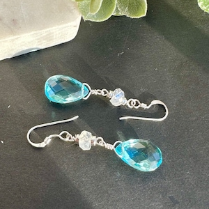 Moonstone and Blue Topaz Earrings Gold Silver, Teardrops Earrings Dangle, Gemstone Crystal Earrings, June Birthstone Earrings Birthday Gift