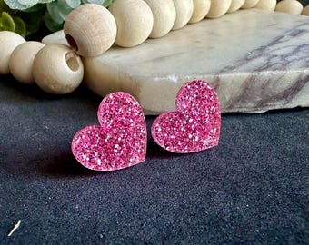 Pink Glitter Heart Stud Earrings, Hypoallergenic Titanium Posts