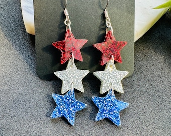 Patriotic Star Dangle Earrings: Sterling Silver 4th of July Jewelry