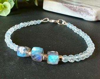 Aquamarine Beaded Bracelet: Sterling Silver, Labradorite Accent, March Birthstone