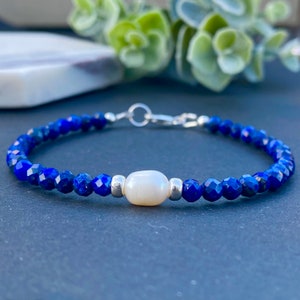 Pulseira de Lápis-Lazúli e Pérola Ouro/Prata para Mulheres, Pulseira de Contas de Pedras Preciosas Azuis, Joia Delicada de Verão Presente de Aniversário, Presente de Aniversário