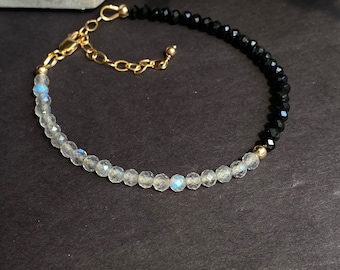 Labradorite & Black Tourmaline Bracelet, Sterling Silver Gemstone Bracelet