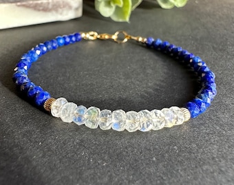 Rainbow Moonstone and Lapis Lazuli Bracelet, Beaded Gemstone Jewelry, Gold Filled or Sterling Silver, Dainty Crystal Bracelet, Gift for Her