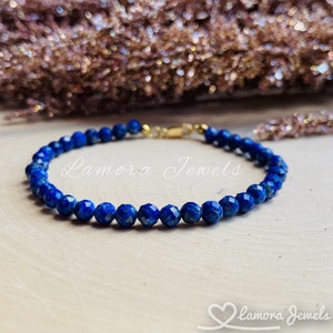 Lapis Lazuli Bracelet Beaded Natural Gemstone Bracelet Blue Stone Bracelet Lapis Gold Bracelet Faceted Stone Bracelet for women/ men