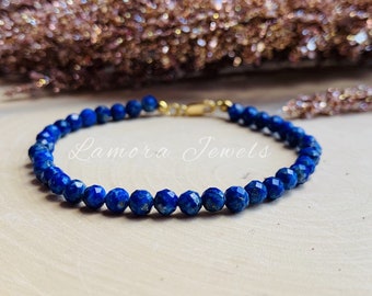 Pulseira de Lápis-Lazúli: Ouro 14k, Pulseira com Contas de Pedras Preciosas Facetadas