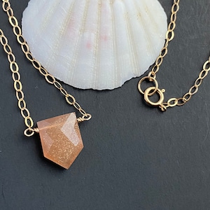 Peach Moonstone Necklace Sterling Silver Gold Filled Dainty Orange Geometric Pendant, Orange Gemstone Necklace, Christmas Gift For friend