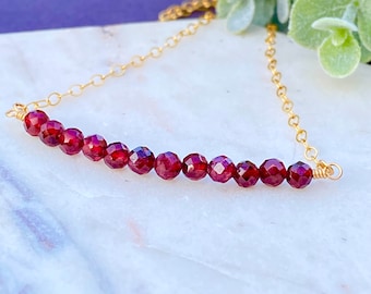 Genuine Garnet Necklace Natural Red Gemstone Bar Necklace Sterling Silver, Gold Chain Necklace Faceted Garnet Jewelry January Birthstone