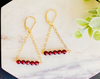 Garnet Earrings: 14k Gold Dangle Leverback Earrings, January Birthstone