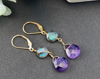 Amethyst and Labradorite Earrings Gold/ Silver Crystal Earrings Lightweight Everyday Earrings Purple Gemstone Earrings Birthday Gift for Mom