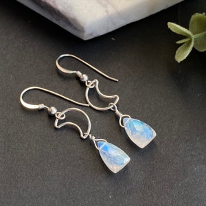 Moonstone Earrings Dangle Sterling Silver Crescent Moon Earrings,Blue Moonstone Earrings, June Birthstone Birthday Gift Celestial Jewelry