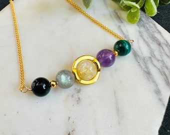 Naszyjnik ze znakiem zodiaku Skorpion, cytryn, malachit, ametyst, wypełnienie z 18-karatowego złota