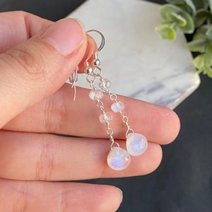Moonstone Earrings Dangle Sterling Silver Lever Back, Gold Filled Dainty Rainbow Moonstone Earrings June Birthstone Birthday Gift For Her