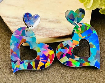 Pendientes colgantes de corazón holográfico, acrílico iridiscente, joyería de San Valentín