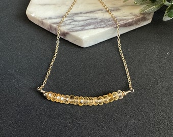 Citrine Necklace Gold Beaded Bar Crystal Necklace, Genuine Citrine Choker, November Birthstone Necklace Birthday, Anniversary Gift for Women