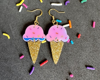 Ice Cream Earrings Holographic Ice Cream Cone Earrings Iridescent Acrylic Summer Dangle Earrings Food Earrings Fun Earrings Gift for Teens