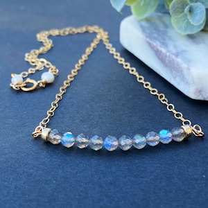 Labradorite Necklace Gold Bar Gemstone Necklace Choker Silver Crystal Necklace Blue Labradorite Jewelry Dainty Beaded Necklace Gifts for Her