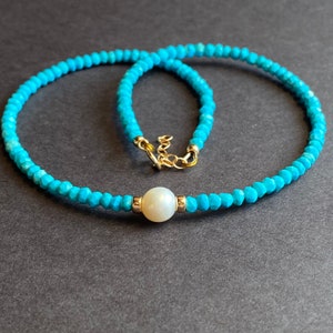 Turquoise and Pearl Necklace Choker Silver/ Gold Beaded Long Necklace Blue Gemstone Necklace Handmade Summer Jewelry Best Gift for Mom