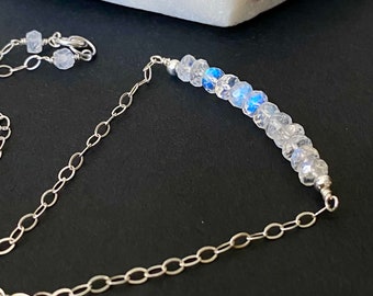Rainbow Moonstone Bar Necklace: Sterling Silver June Birthstone Choker