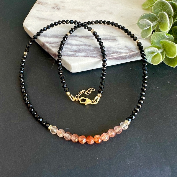 Sunstone Necklace Gold Black Tourmaline Beaded Choker Oregon Sunstone Choker Ombre Orange Shade Gemstone Necklace Birthday Gift for Her, Mom