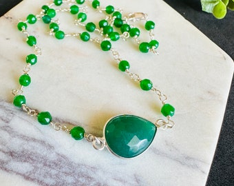 Green Onyx Necklace Beaded Gemstone Chain Necklace, Teardrop Pendant Layering Necklace Dainty Birthstone Jewelry Gifts, Celestial Rosary