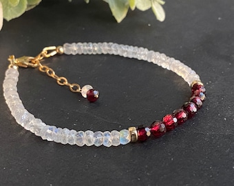 Garnet and Moonstone Bracelet 14k Gold Gemstone Bracelet Beaded Crystal Bracelet January/ June Birthstone Bracelet, Mothers Day Gift for Mom