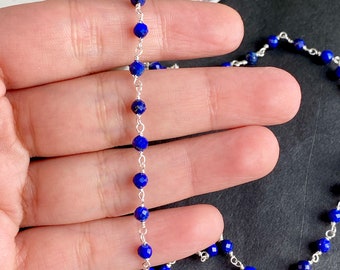 Lapis Lazuli Rosary Necklace, Sterling Silver Wire Wrapped Gemstone Chain