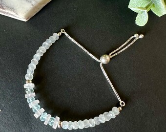 Rose Quartz Aquamarine and Moonstone Bracelet Sterling Silver Adjustable Bracelet for Women Fertility Jewelry Natural Gemstone bracelet