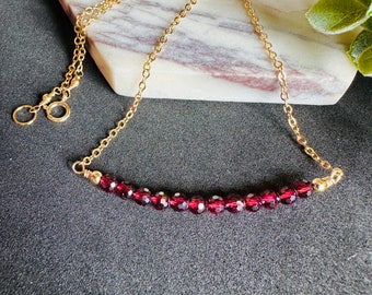 Garnet Necklace Choker Gold, Red Gemstone Beaded Bar Pendant January Birthstone Minimalist Gift for Mom Handmade Anniversary Gift For Women