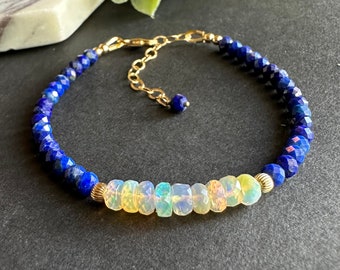 Opal and Lapis Lazuli Bracelet Gold/Silver for Women Beaded Gemstone Bracelet Welo Opal Jewelry October Birthstone Bracelet Anniversary Gift