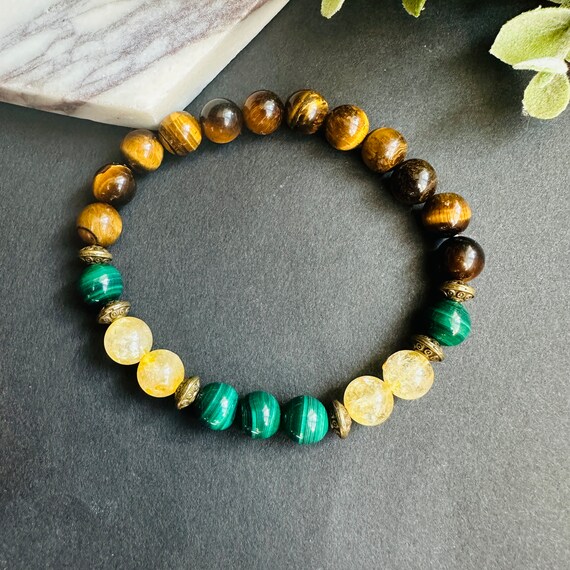 Bracelet En Pierres Naturelles - Citrine, Malachite Et Œil De Tigre - Unisexe - Neuf