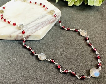 Garnet Necklace Long Labradorite Beaded Rosary Necklace Red Garnet Choker Station Necklace January Birthstone Anniversary Gifts for Mom