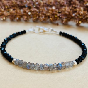 Labradorite Bracelet- Sterling Silver Bracelet- Dainty Bead Bracelet- Black Spinel Bracelet- Labradorite Jewelry- Gifts For Her/ women/ mom