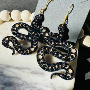 Glitter Black Snake Earrings: Celestial Moon Phase 14k Gold Filled