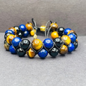 Triple Protection Mens Bracelet Lapis Lazuli Tigers Eye and Black Tourmaline Gemstone Beaded Bracelet Friendship Bracelet Gift for Boyfriend