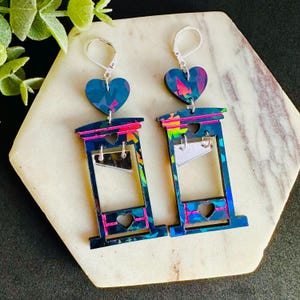 Guillotine Earrings Sterling Silver, Black Holographic Valentine&#39;s Day Earrings Heart Earrings Love Day Earrings Goth Earrings EMO Gift