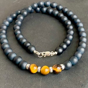 Mens Tigers eye necklace, Brown Tiger eye Beaded necklace Black Onyx Protection Healing Crystal Necklace Gift For Boyfriend, Father