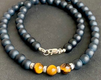 Mens Tigers Eye Necklace, Black Onyx, Sterling Silver, Protection Jewelry