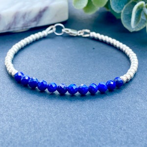 Lapis Lazuli Bracelet Blue Gemstone Bracelet Natural Stone Bracelet Sterling Silver Beaded Bracelet September Birthstone Birthday Gift